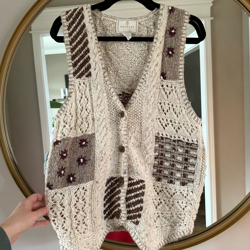 VTG EXPRESS Tricot Hand Knitted Sweater Vest Wool Blend Women Sz M Angora Wool